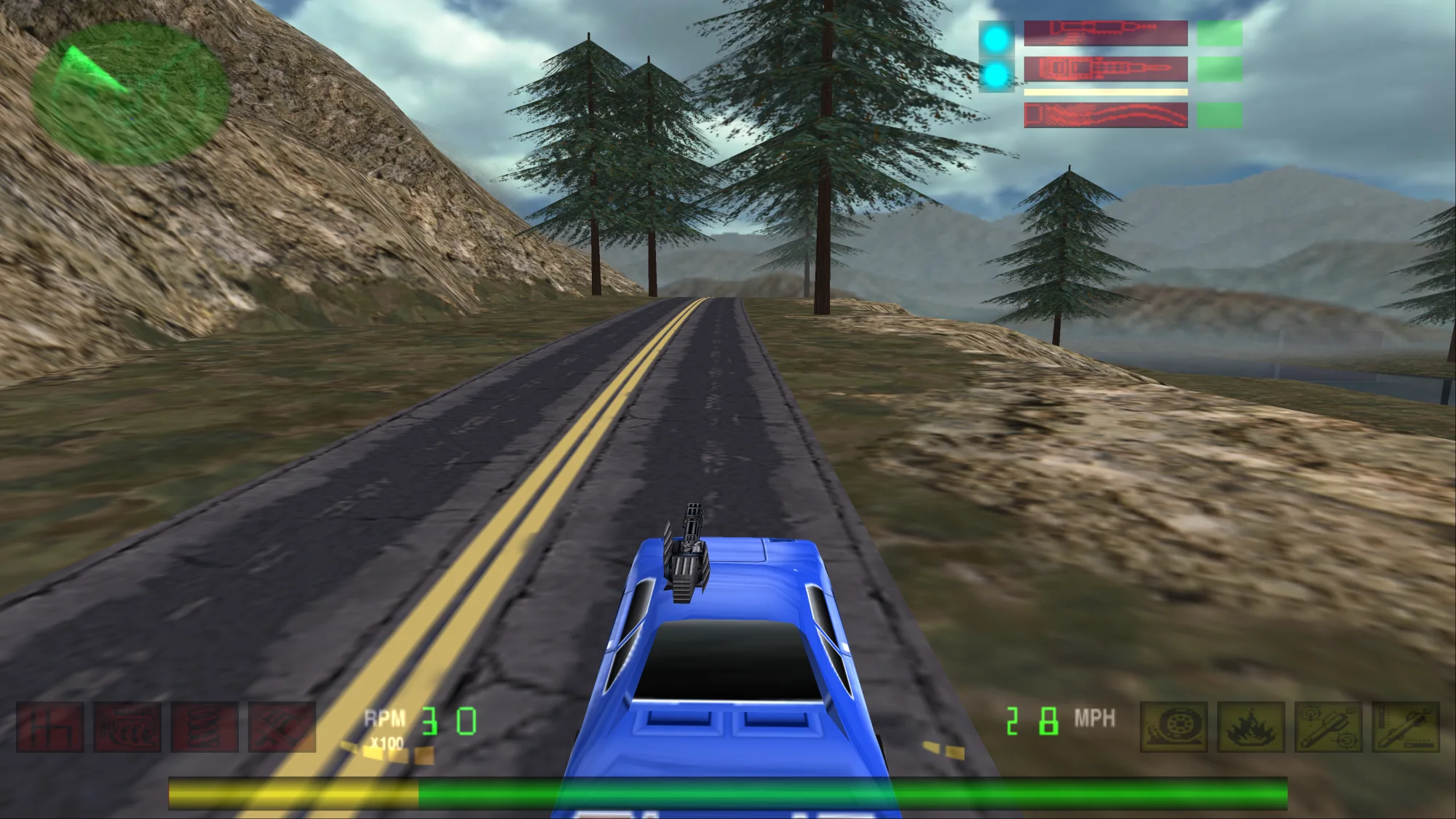 The same view with the original draw distance: the fog hides everything behind the nearest trees