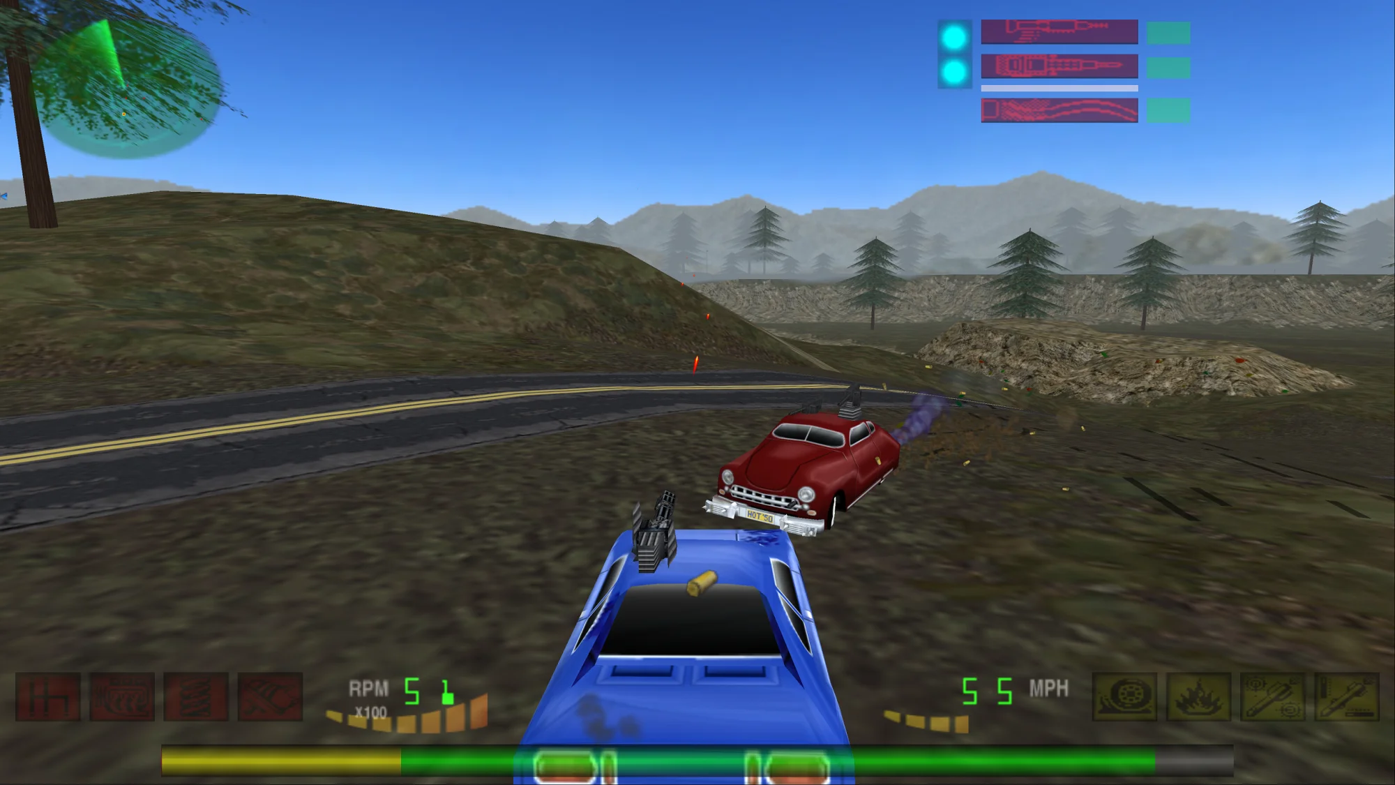 Interstate '82 at 3840x2160 with the longer draw distance: a mountain road through pine hills, an enemy hot rod closing in from the right