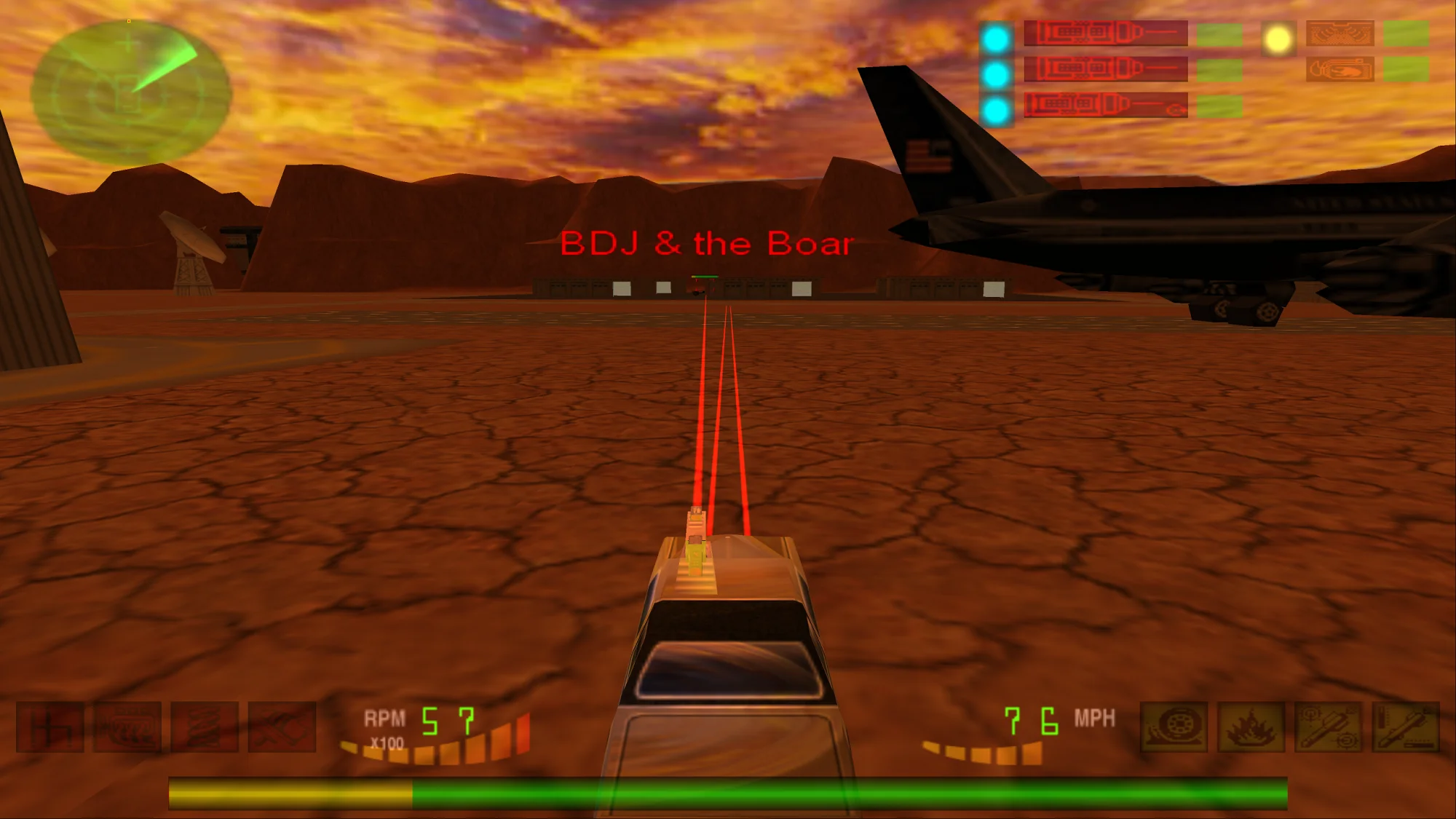 Interstate '82 at 3840x2160: twin lasers across a desert airfield at sunset, a stealth bomber and a radar dish in the background