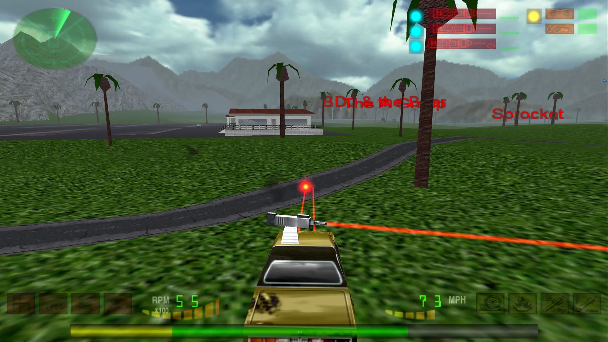Interstate '82 at 3840x2160: the player's car fires across a golf course with palms, a clubhouse and mountains behind