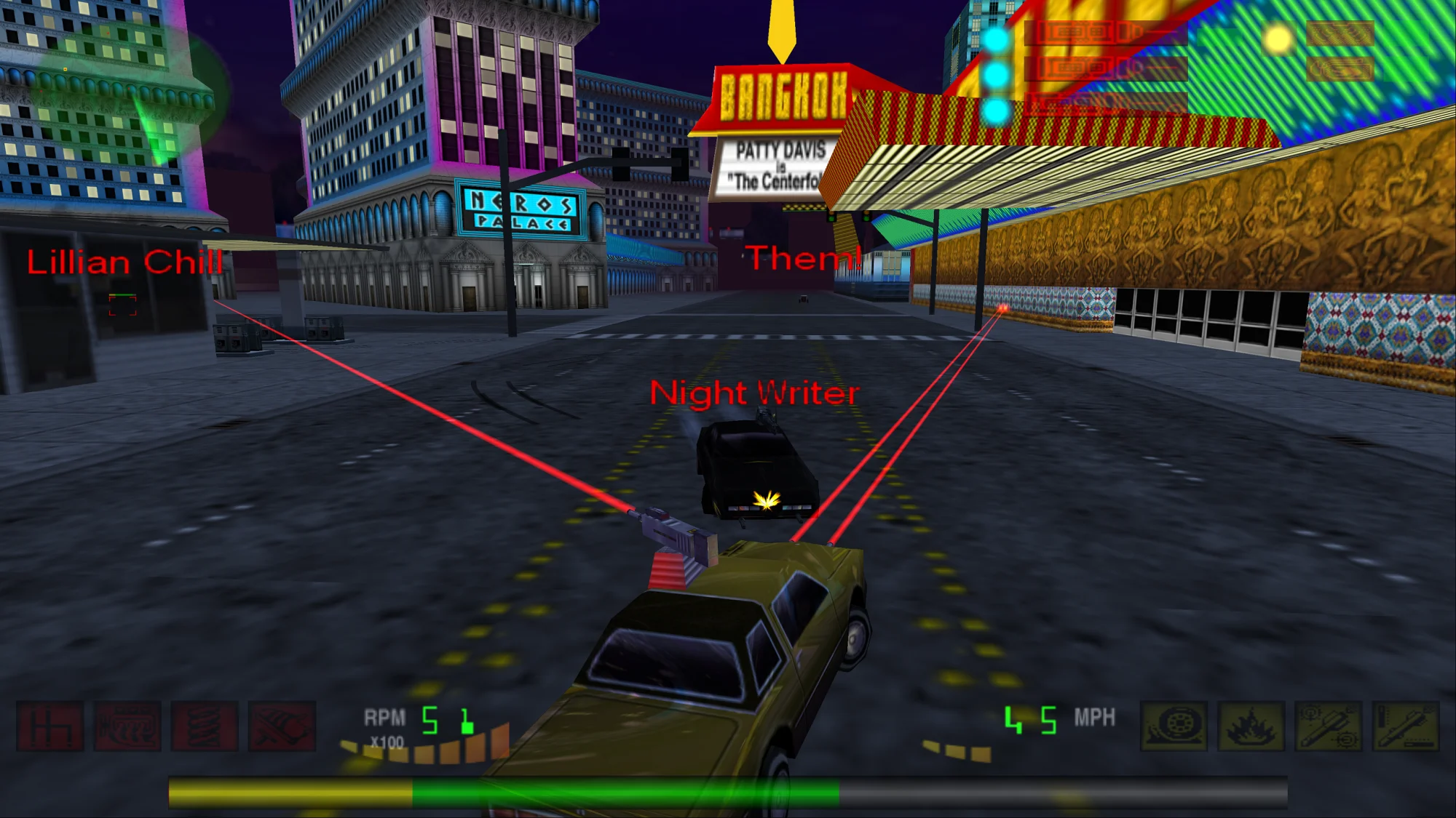 Interstate '82 in 16:9 at 3840x2160: the player's car fires twin lasers at an enemy car on a neon-lit Las Vegas street at night