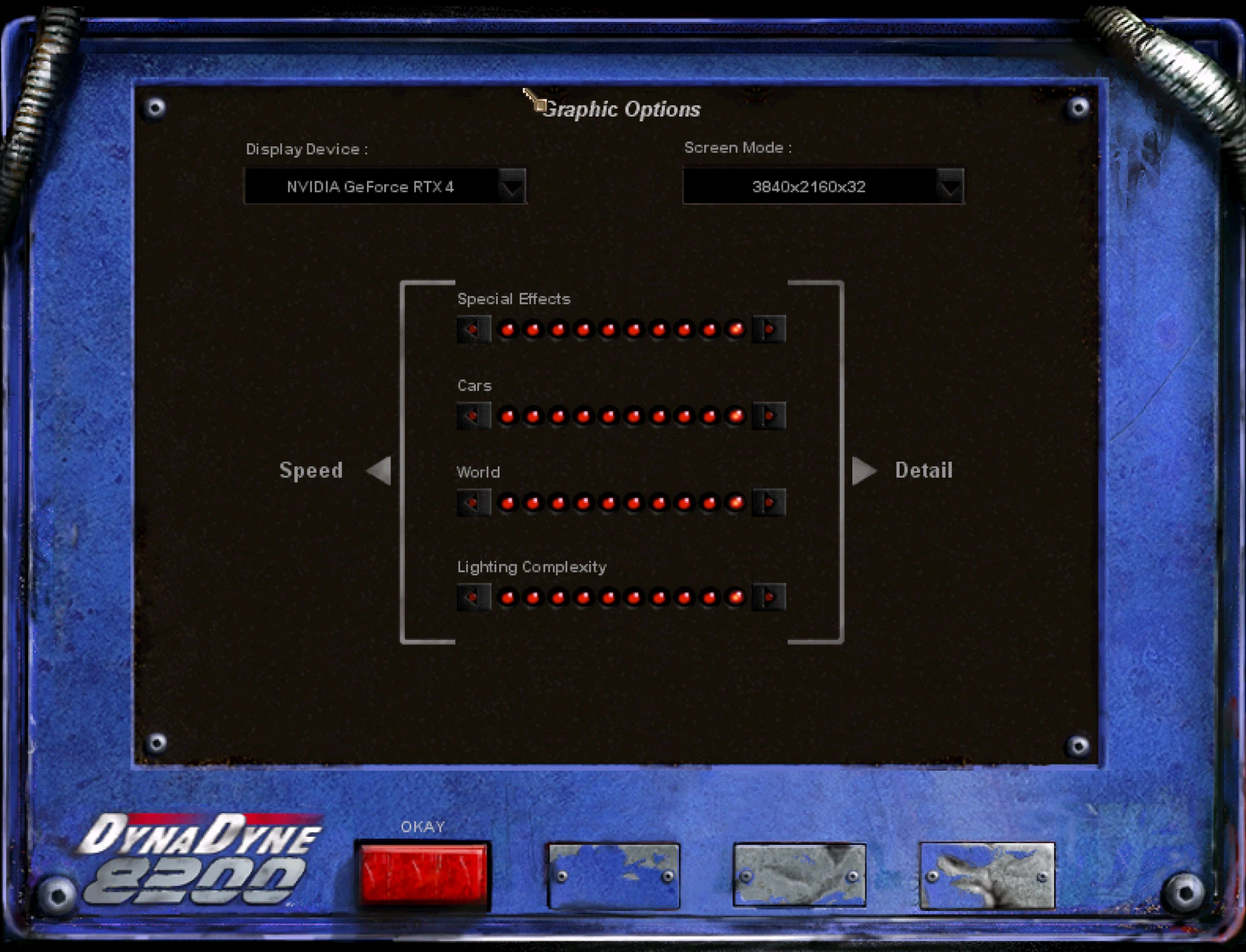 Interstate '82 Graphic Options screen showing the 3840x2160x32 screen mode on an NVIDIA GeForce RTX 4070 Ti